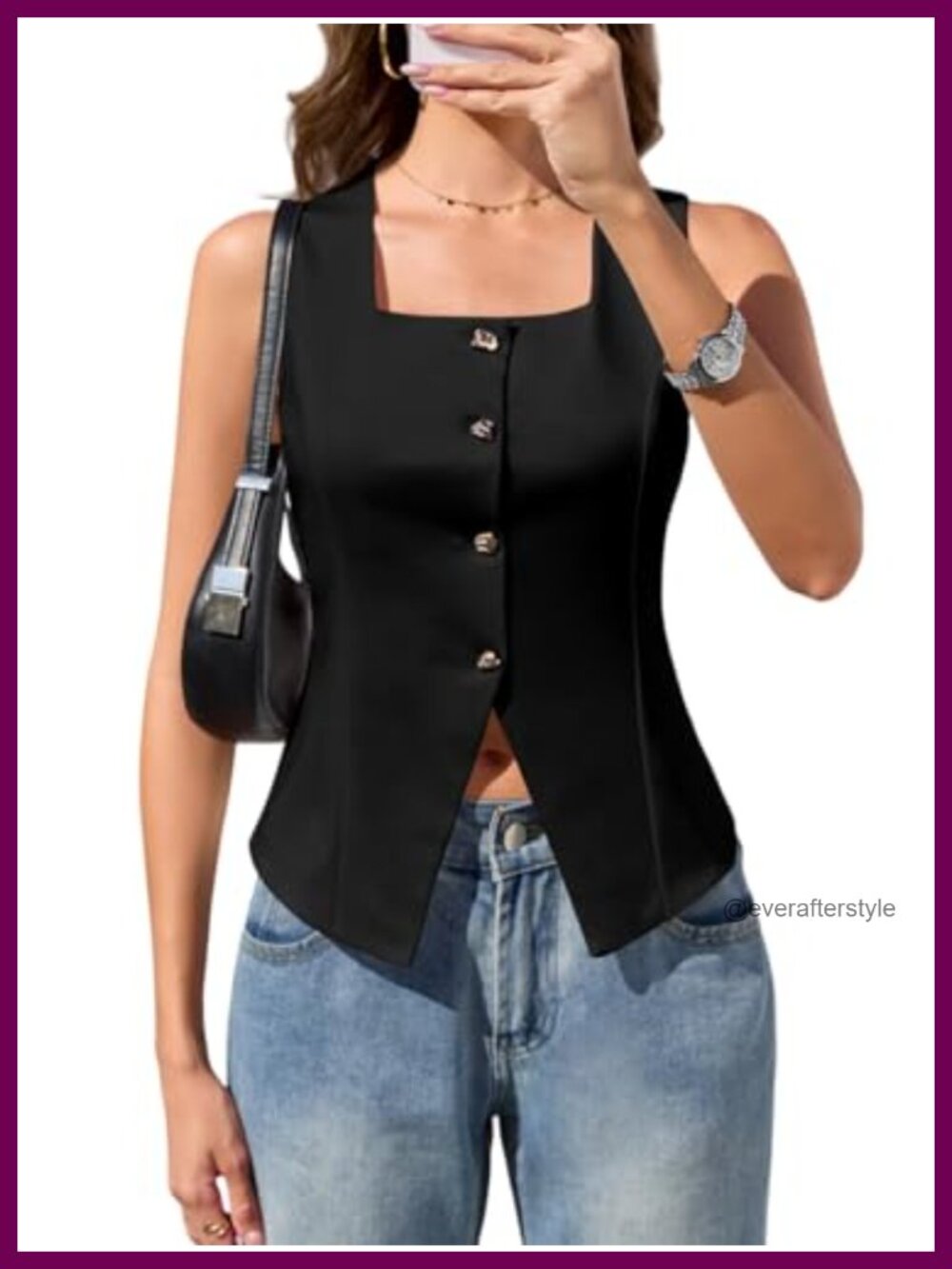 Women's Square Neck Button Down Suit Vest Sleeveless Slim Fit Waistcoat